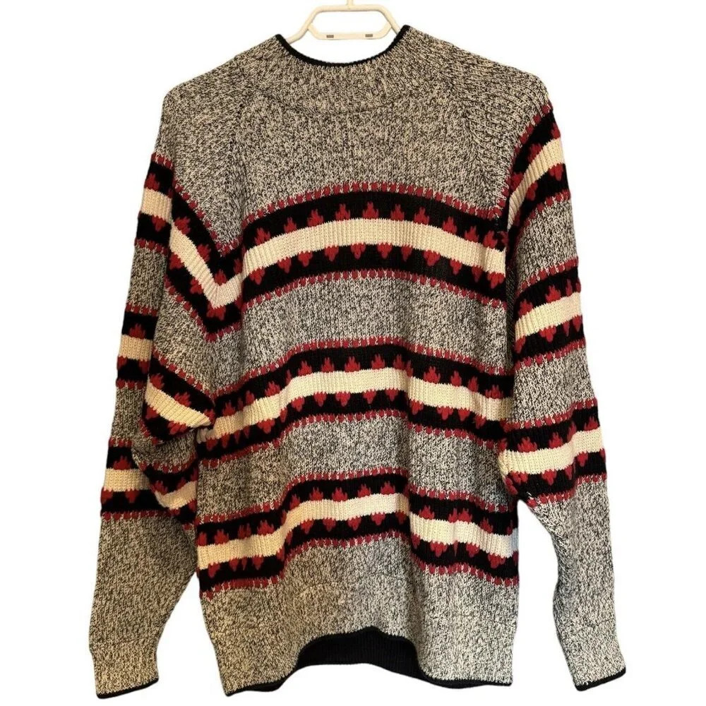 Vintage Claiborne Multi-Color Geo Print Striped Sweater Mens Medium Heavyweight